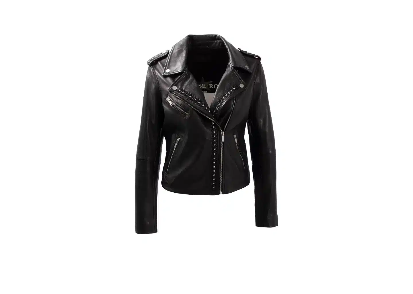 Schwarze Damen-Lederjacke im Bikerlook mit Perlen